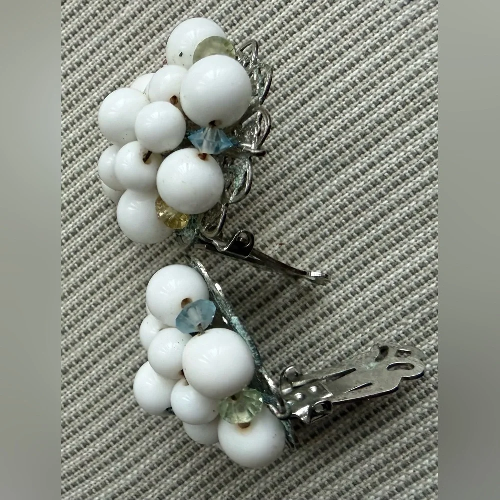 $15 Vintage White Milk Glass & pastel l bicone Beaded cluster Clip-On Earring - Picture 7 of 9